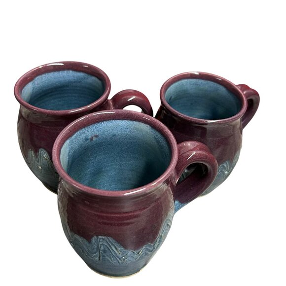 Vintage Brownish Purple Teal Handmade Pottery Coffee Cup Mug Lot of 3 - Picture 3 of 5